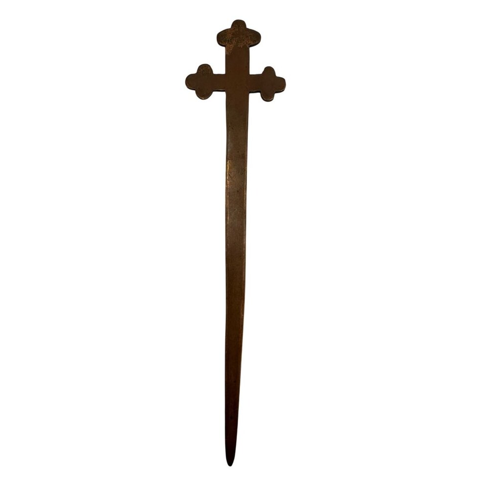 Vintage Brass Cross-Shaped Letter Opener With Engraved Details 8” Long Collectib